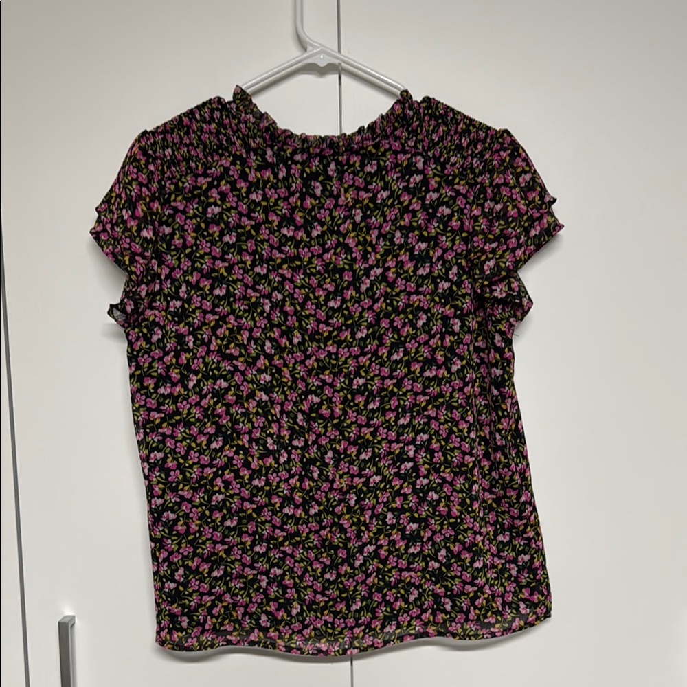 CeCe Black Floral V-Neck Blouse with Pink and Green Accents - Picture 3 of 4